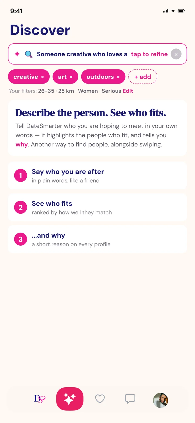 DateSmarter Smart Discover: describing the kind of person you want to meet in plain words