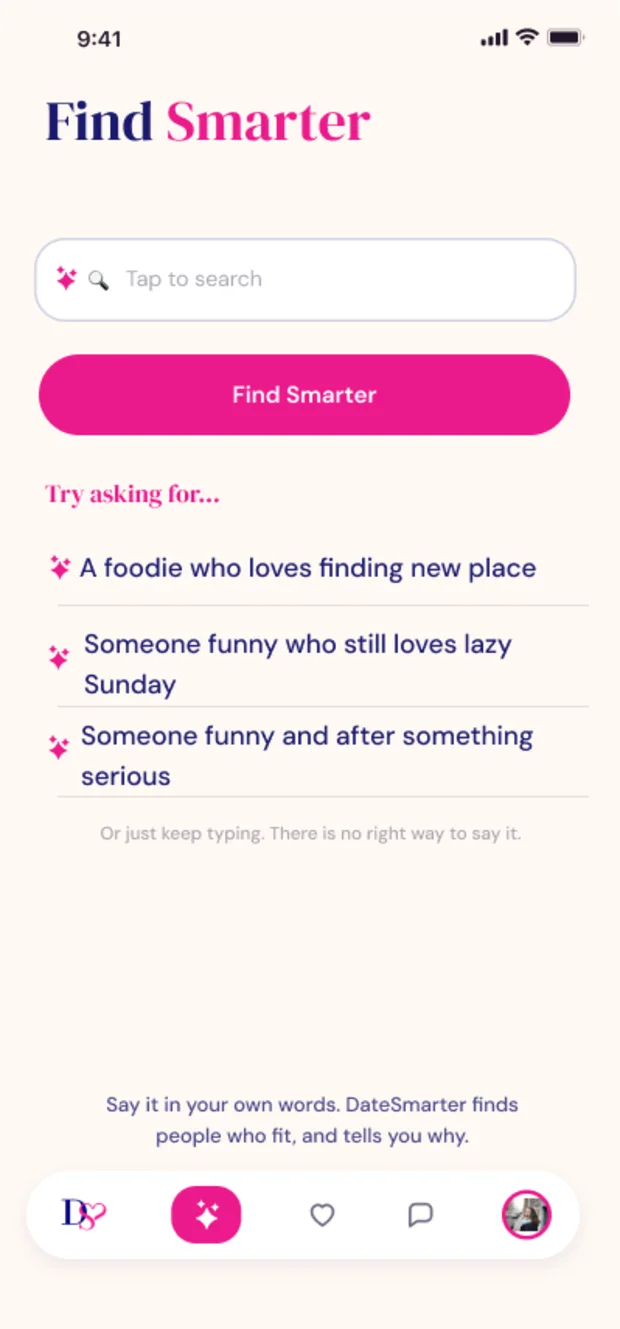 The Find Smarter start screen with an empty search field and example prompts