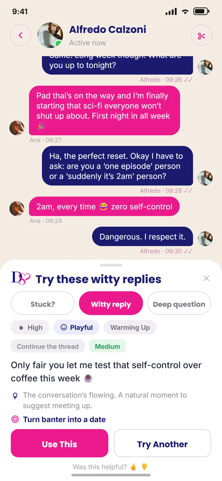 DateSmarter in-chat AI suggestion, with the user always pressing send